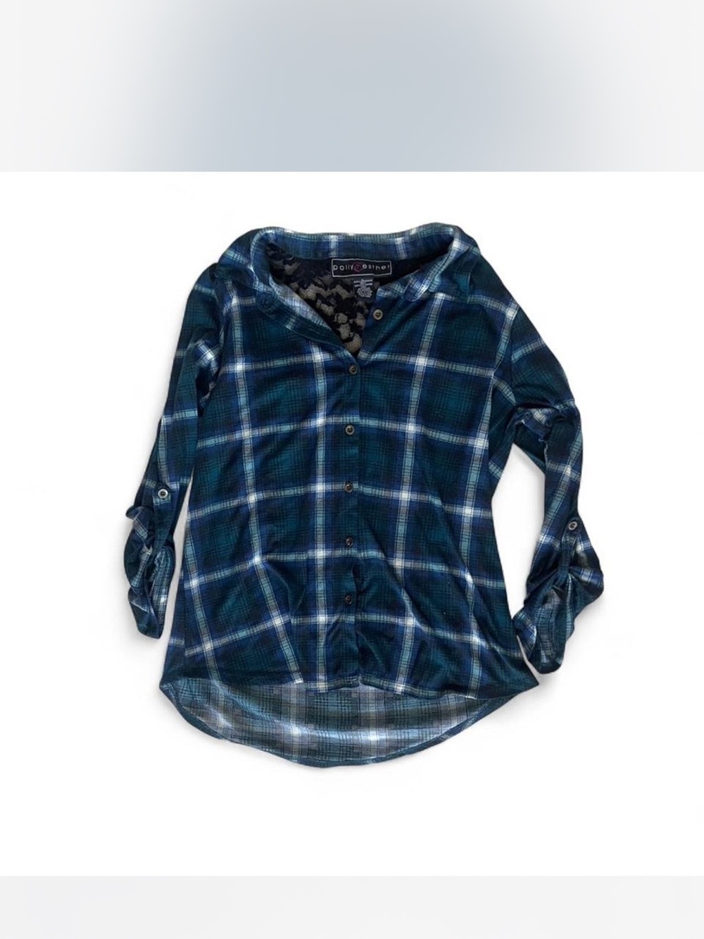 Polly & Esther Teal and Navy Plaid Button-Down Shirt